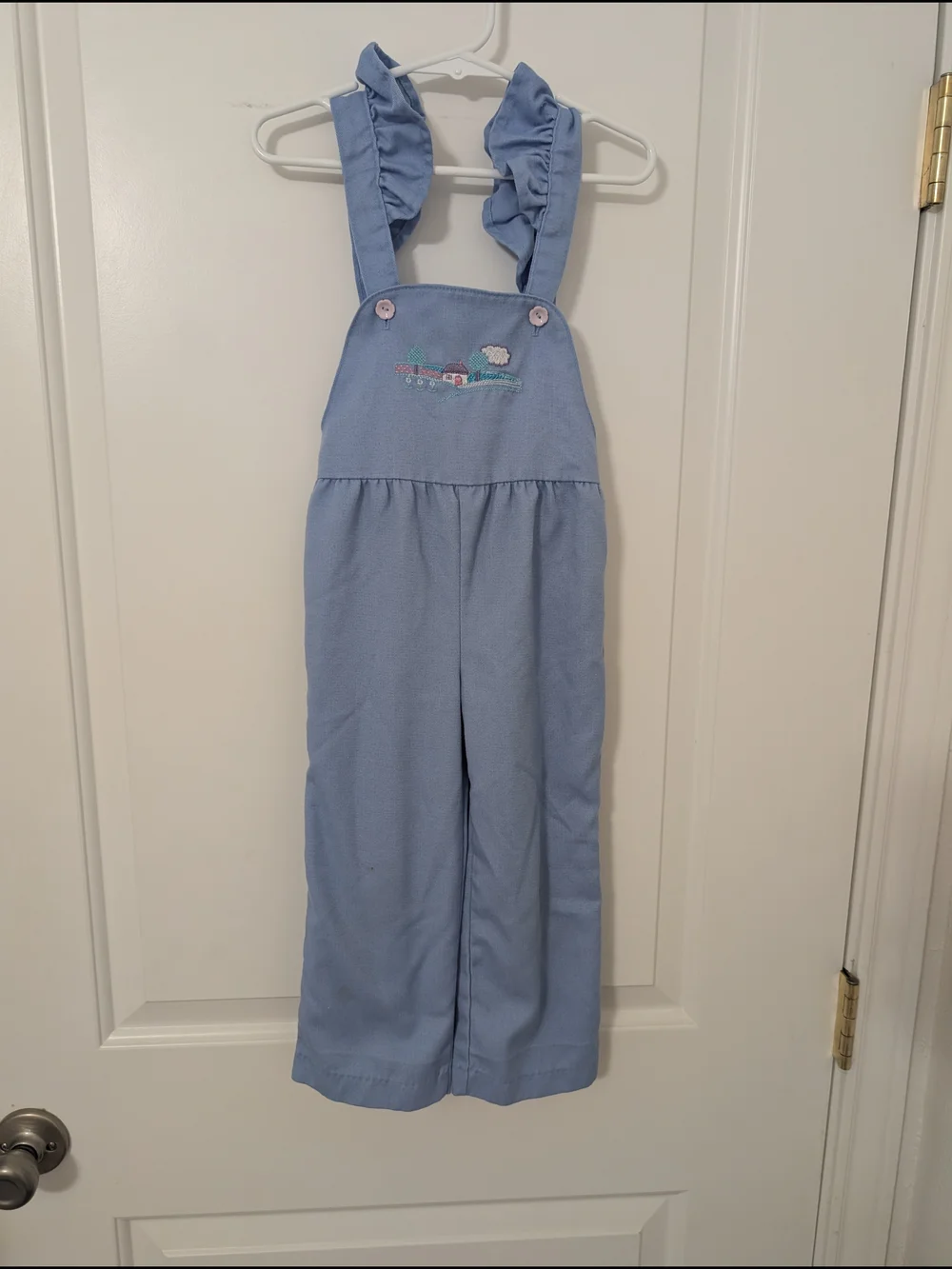 Vintage Light Blue Ruffled Strap Overalls with Farm Embroidery Cottage Core‎